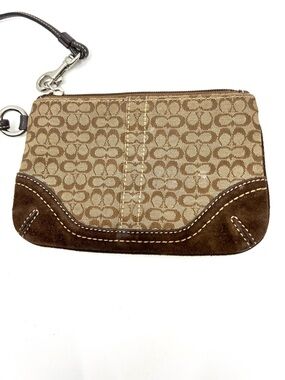 Vintage Coach Signature Canvas Leather Trim Brown/Tan Wristlet Suede Bottom